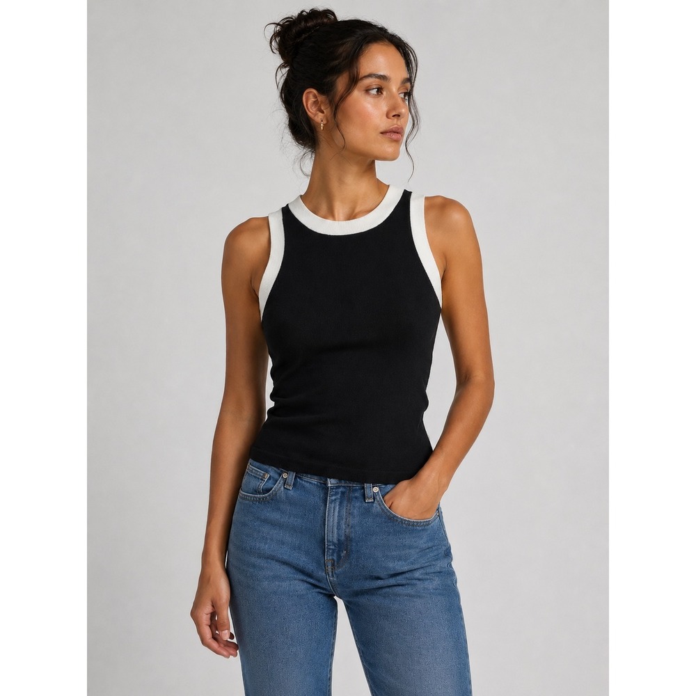 Cable & Gauge Womens Black White Knit Tank Top Sleeveless CGSW00440M Size Medium